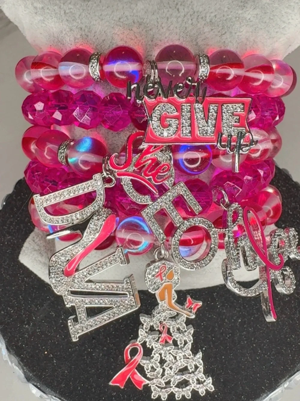 Pink Inspirational Charm Bracelets Stacked